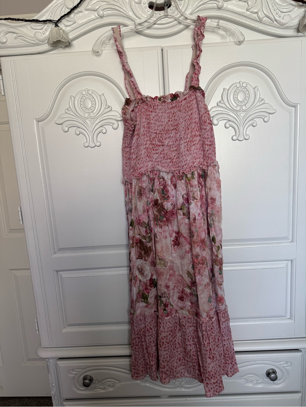 Stellah Pink Floral Midi Dress with Smocked Bodice